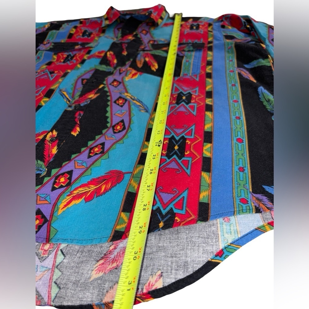 Vintage 80s/90s Wrangler Western Button-Up Shirt XL Bold Aztec Feather Print - Picture 7 of 8